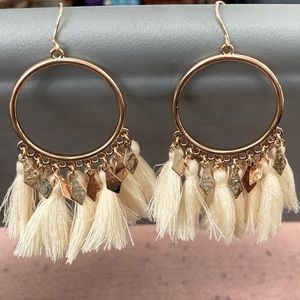 GOLD AND CREAM DANGLE WITH FRINGE EARRINGS WITH THE FISH HOOK BACK